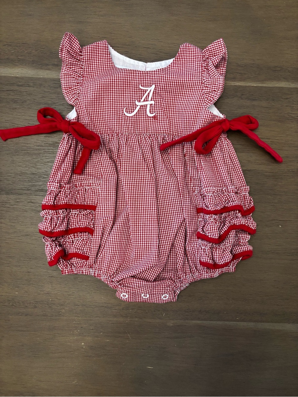 Red Gingham Ruffle Baby One-Piece with Embroidered 'A'